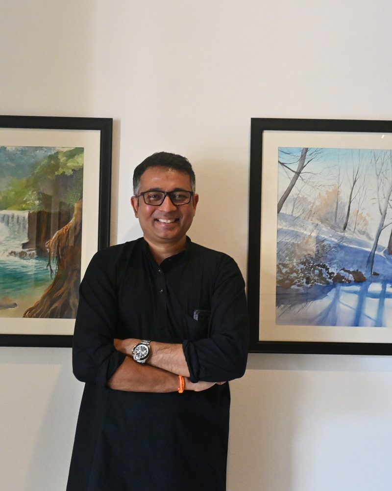 Mohanraj K with his watercolor paintings — Bangalore studio