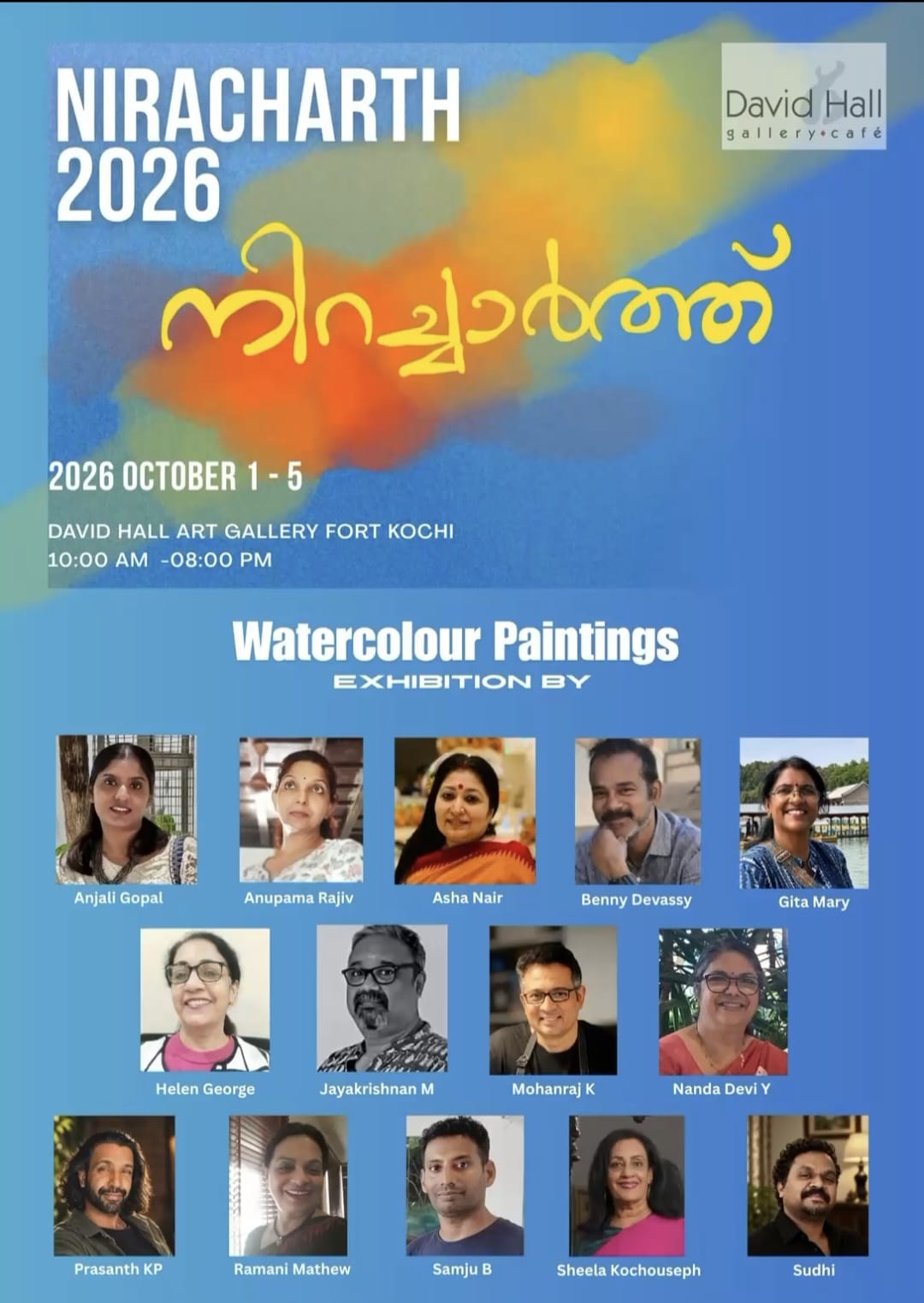 Niracharth 2026 watercolour exhibition poster, 1–5 October at David Hall, Fort Kochi