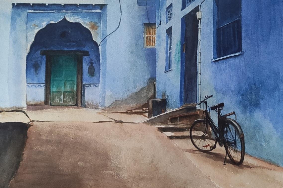 Cycle in Jodhpur, a watercolour street scene