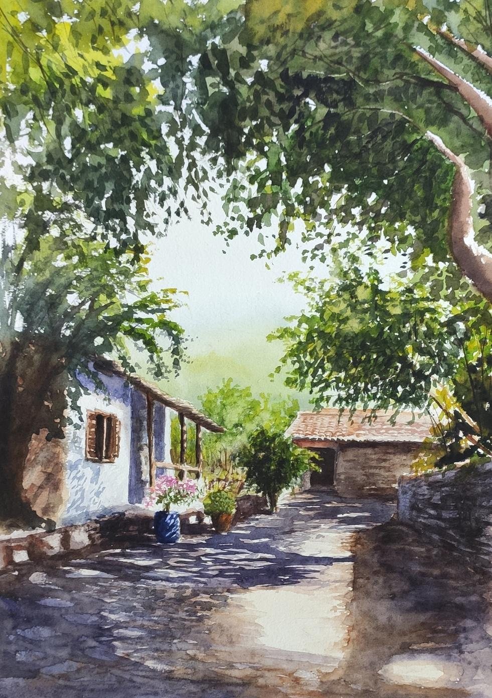 Summer Days, a warm-toned watercolour painting