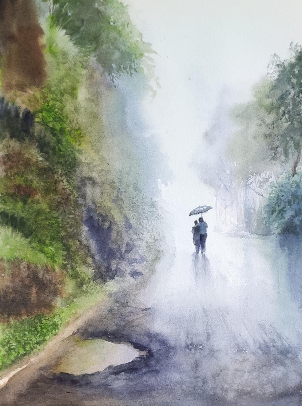The Misty Morning, a soft watercolour landscape