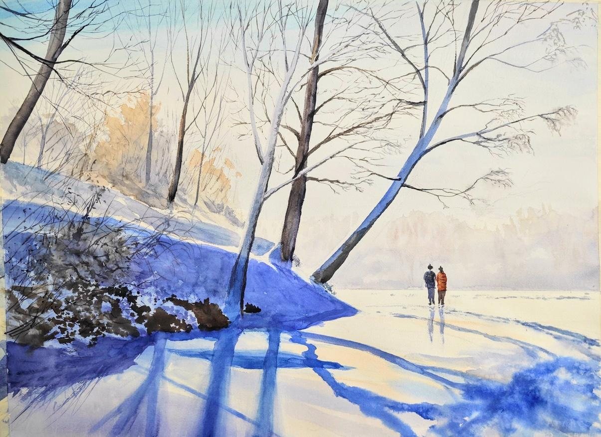 Whisper in Snow, a quiet snowy landscape in watercolour